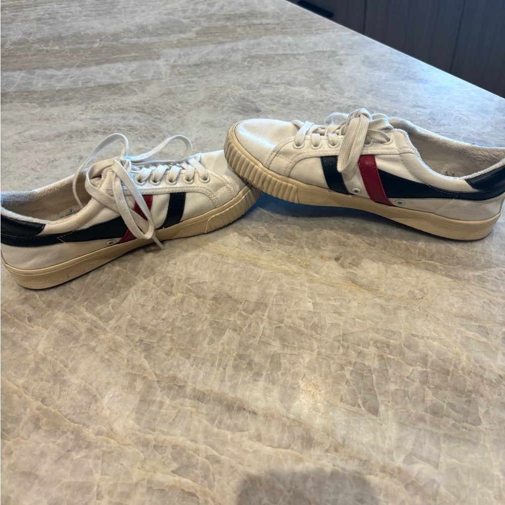 Gola White Sneakers with Black and Red Stripes